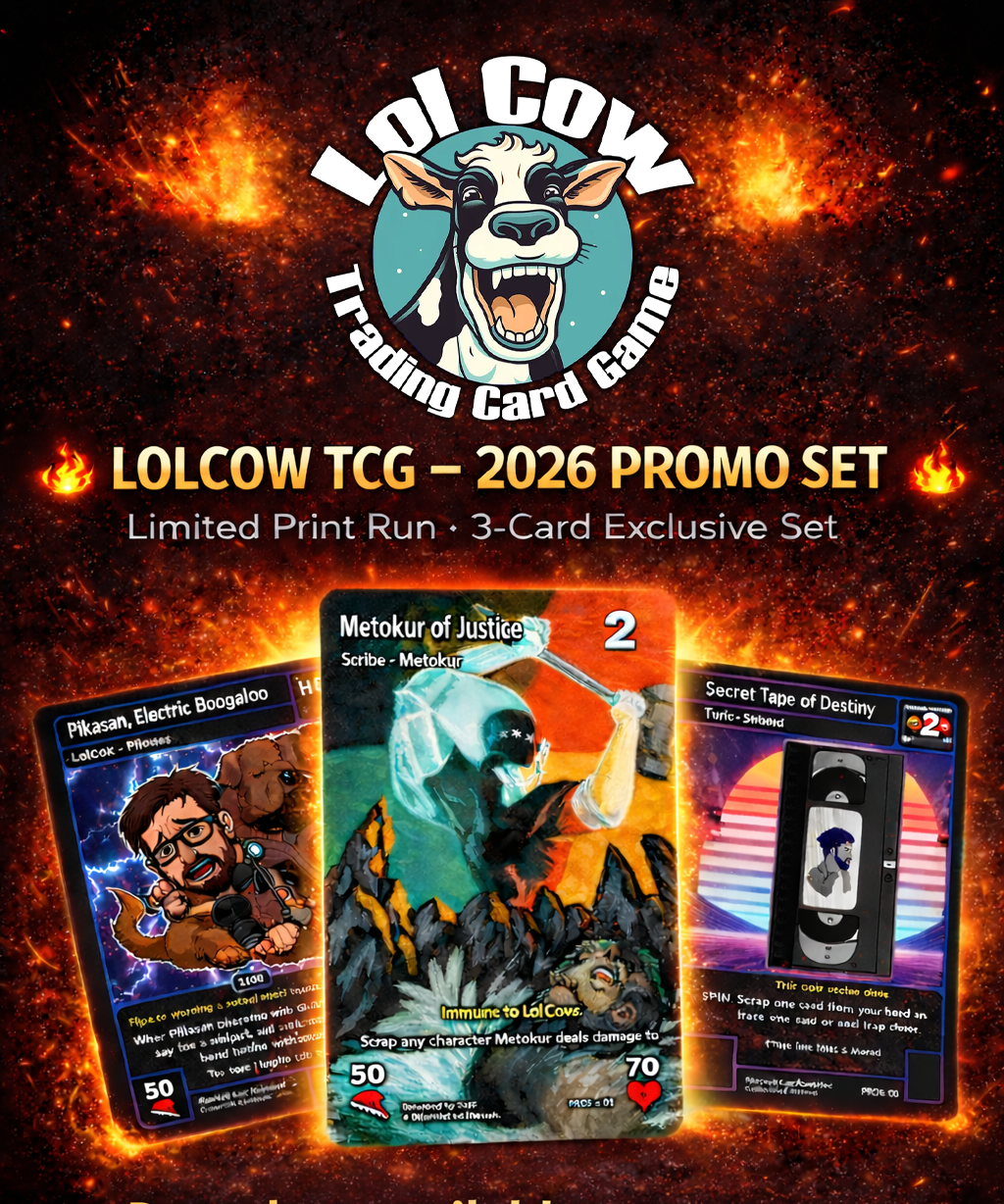 LolCow TCG 2026 Promo Set (3 Cards) – Metokur of Justice + Pikasan, Electric Boogaloo + Secret Tape of Destiny